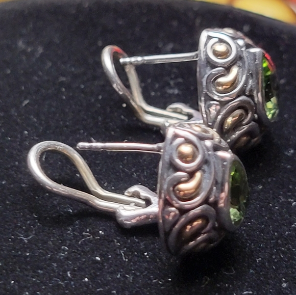 Peridot & Diamond Earrings Sterling Silver/10K Yellow Gold | Kay Peridot Earrings in Scrolled Antiqued Sterling Silver & 18kt Gold Settings